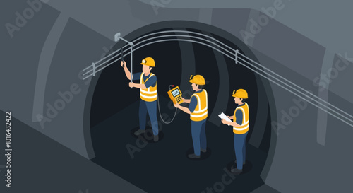 Construction workers performing maintenance on overhead lines in a tunnel.