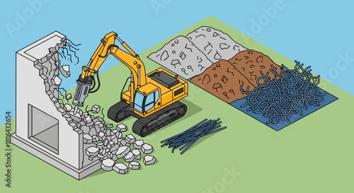 Demolition Excavator Dismantling Building with Debris Piles.