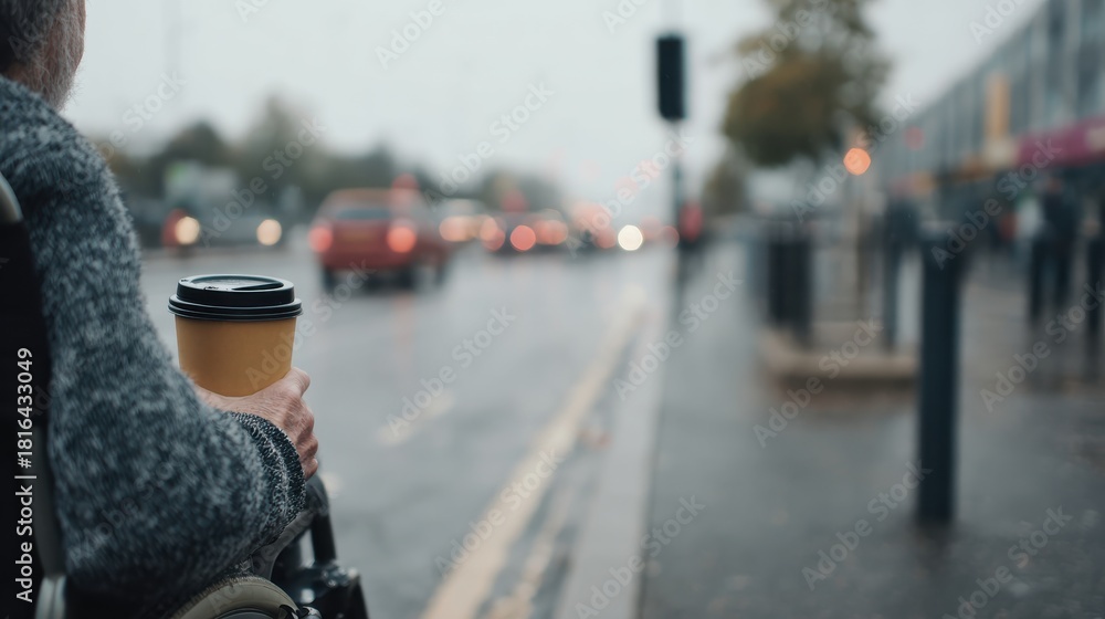 Naklejka premium Person In Wheelchair Holding Coffee Cup On Rainy City Street. Urban Mobility And Accessibility
