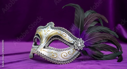 A masquerade mask with glitter details and feathers, isolated on a rich purple background.