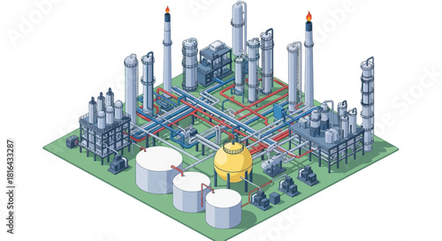 Detailed isometric illustration of a complex industrial refinery plant.
