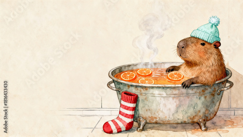 Capybara relaxing in citrus bath christmas greeting card background