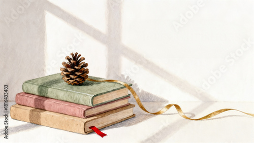 Minimal christmas still life books with pine cone and golden ribbon