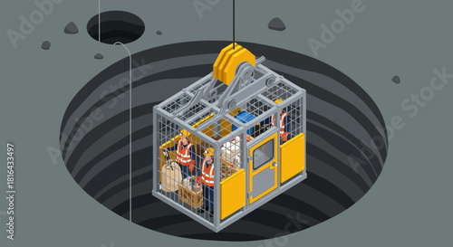 Elevator cage descending into a deep shaft carrying workers.