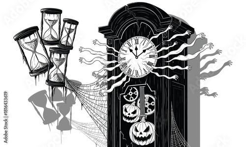 A surreal illustration featuring a grandfather clock with ghostly arms emanating from its face, alongside floating hourglasses, all rendered in a vintage, crosshatch style isolated on white background