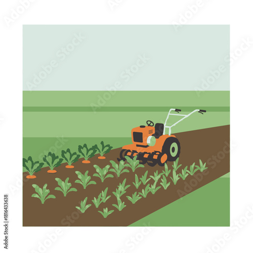 An illustration of a small orange tractor tilling soil in a field of crops, showing agricultural activity.