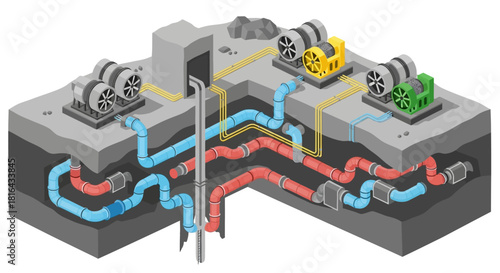 Geothermal energy system with underground pipes and surface generators.