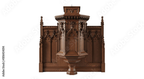 Detailed wooden gothic church pulpit and screen. cutout on transparent background