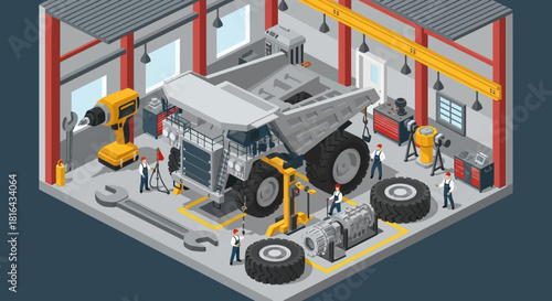 Giant mining truck maintenance and repair in industrial workshop.