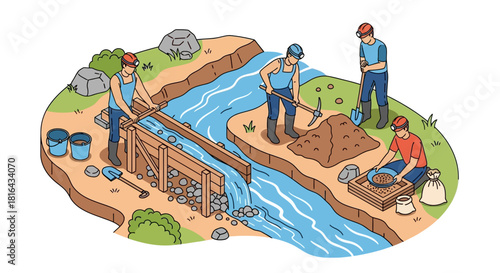 Group of gold miners working by a river with sluice box and panning for gold.