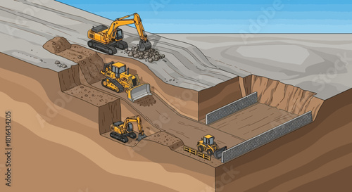 Heavy machinery including excavator and bulldozer at a construction site.
