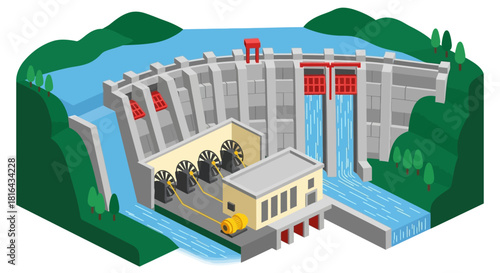 Hydroelectric Dam Generating Renewable Energy Illustration.