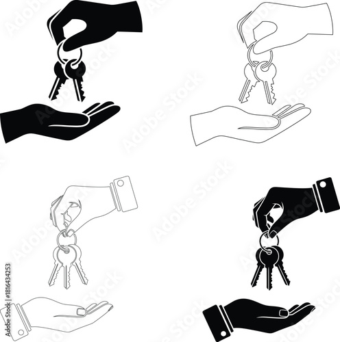 Handing Over Keys Vector Icons: Real Estate, Home Ownership, Rental & Property Silhouette. Transfer, Agent Pictograms