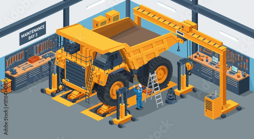 Giant Mining Dump Truck Undergoing Maintenance in a Large Industrial Garage.