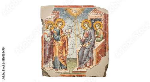 Ancient fresco fragment depicting four saints, divine light. cutout on transparent background.