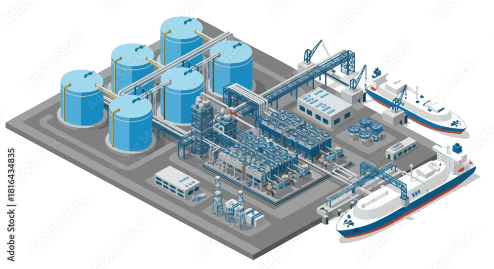 Obraz premium Industrial complex with storage tanks and ships at dockside.