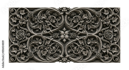 Ornate gothic stone carving bas-relief with roses, cutout on transparent background