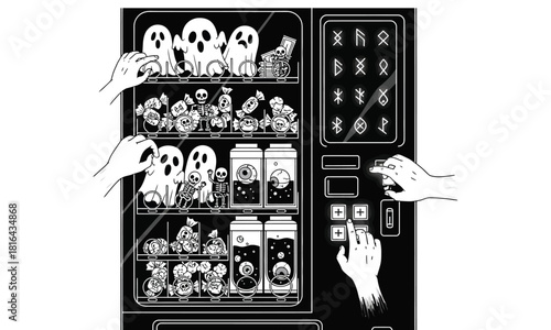 A whimsical vending machine dispenses spooky treats, with ghostly figures, skeletons, and jars of eyeballs, all rendered in a monochromatic palette, as hands reach out to select a ghoulish snack