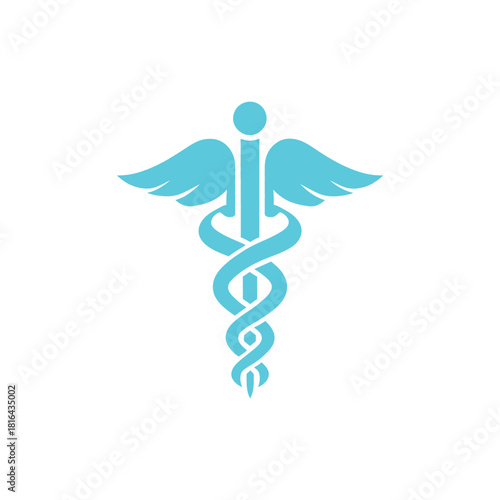 Cyan Caduceus With Wings on White Background Medicine Symbol Design