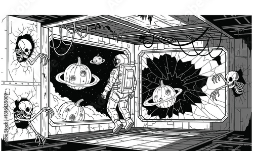 An astronaut floats through a desolate spaceship corridor, surrounded by floating planets and eerie skeletons clinging to the walls, creating a surreal and unsettling scene of cosmic isolation and dec