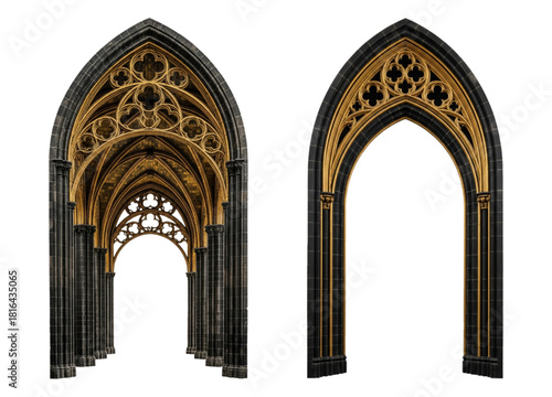 Two decorative Gothic arches with gold tracery cutout on transparent background.