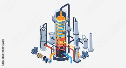 Industrial distillation column with multiple components and pipes.