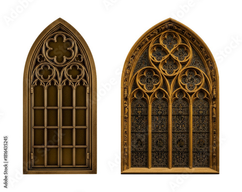 Pair of ornate golden Gothic style church windows, detailed tracery. cutout on transparent background.