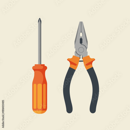 Illustration of a screwdriver and pliers on a beige background.