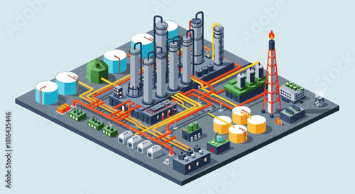 Industrial Oil Refinery Plant with Complex Piping System.