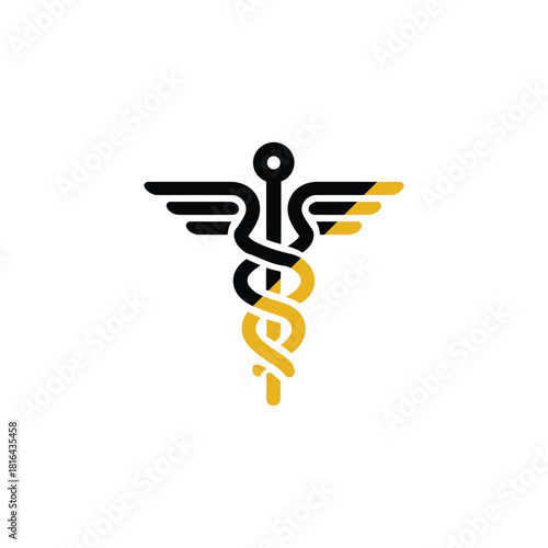 Isolated Golden Caduceus Symbol With Black Wings and Snakes On Transparent Background