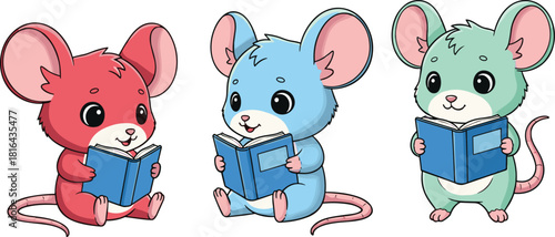 Cartoon mice reading books in colorful outfits, cute animal character illustration for kids, education, storytelling, and learning-themed vector content