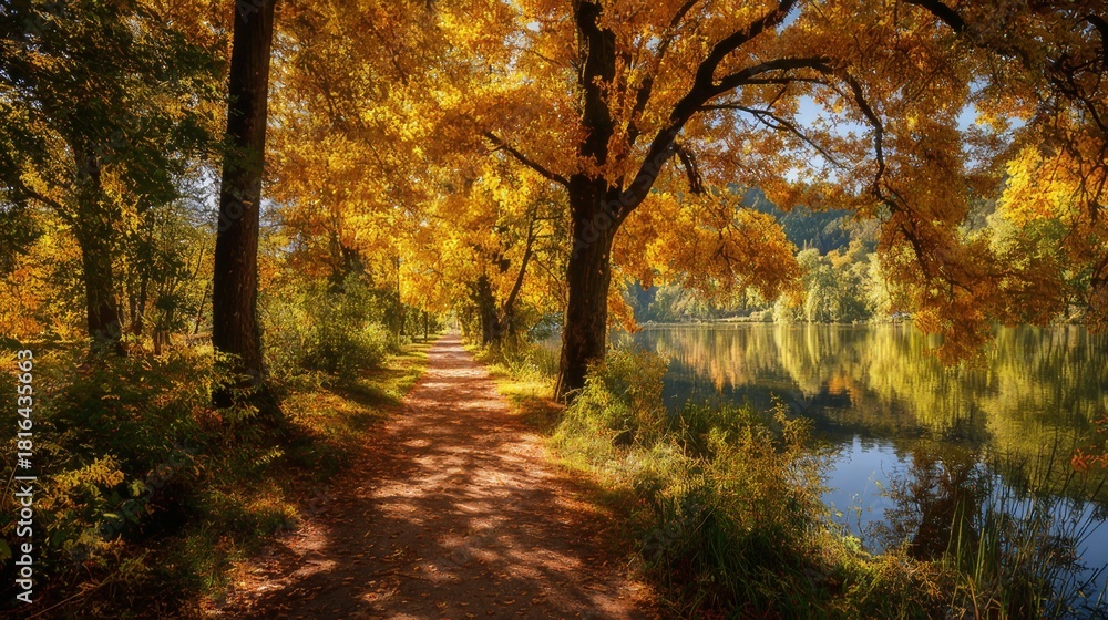 Obraz premium Golden autumn forest landscape with sunlit trees, colorful fall foliage, and misty morning atmosphere in serene natural scenery