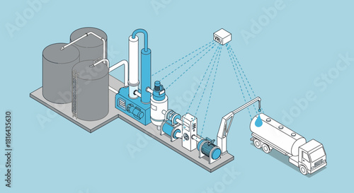 Industrial plant with tanks and tanker truck for transport.
