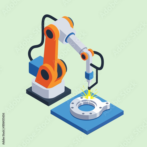 Industrial robotic arm performing precision laser welding on a metal component.