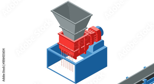 Industrial waste shredder machine isometric view on white background.