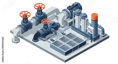 Industrial pump system with valves and gauges.