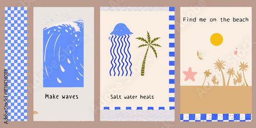 Summer beach themed illustration set with ocean waves and palm trees
