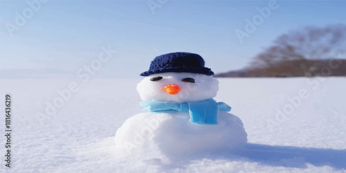 Cute cartoon snowman on a winter snow landscape with a hat and scarf, perfect for a fun Christmas holiday greeting card illustration