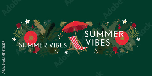 Summer vibes illustration with beach chair umbrella and tropical foliage on dark green