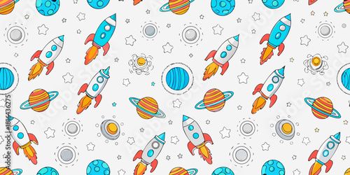 Seamless space pattern with rockets planets and stars on a white background