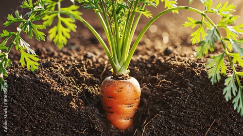 Green sprout emerges from rich soil, revealing roots and developing into a vibrant carrot, showcasing growth progression with a gentle zoom in on the scene