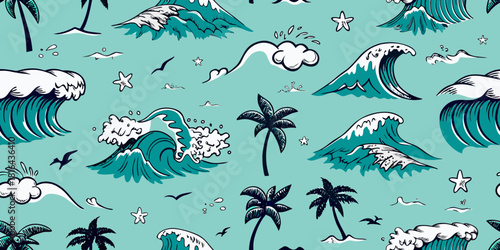 Seamless pattern with ocean waves palm trees and starfish on a light blue background