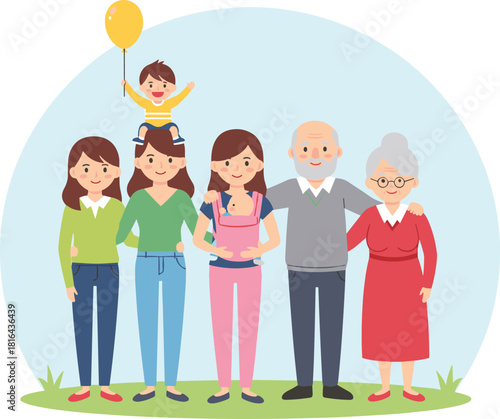 Cartoon multigenerational family standing together outdoors, happy diverse relatives illustration for unity, love, parenting, grandparents, and lifestyle themes