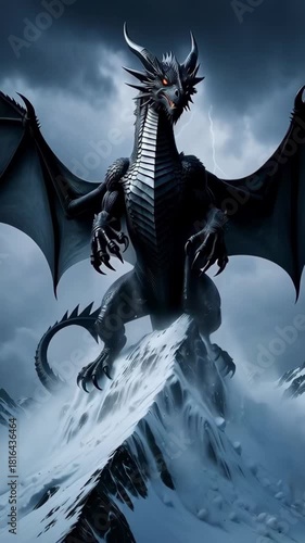 Cinematic Vertical 3D Black Dragon Roaring on Snowy Peak with Lightning Storm