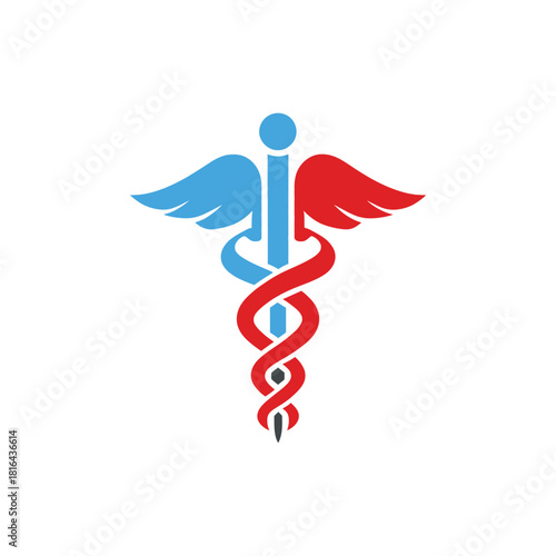 Medical Symbol with Blue Sphere, Rod, Red and Blue Wings on Transparent Background
