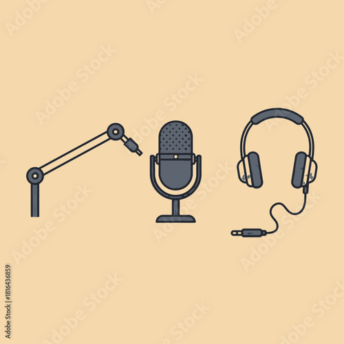 A flat design illustration of podcasting equipment including a microphone arm, a studio microphone, and headphones.