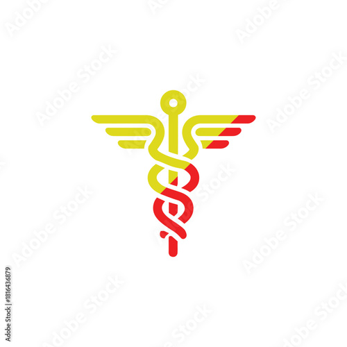 Modern Caduceus Logo in Red, Yellow, and White, Wings & Snakes Symbol Design