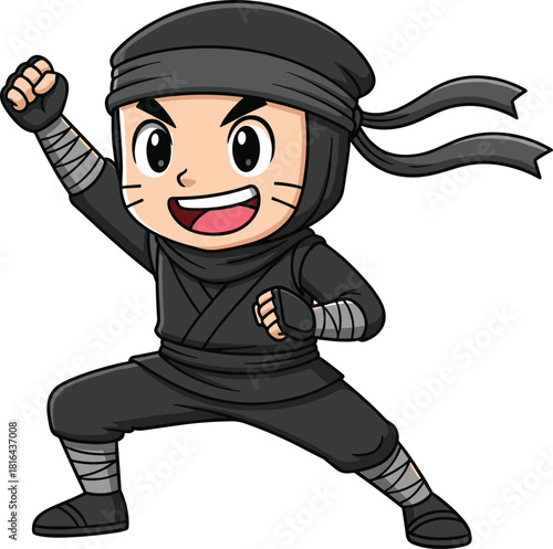 Cartoon Ninja Character in Dynamic Fighting Pose with Black Outfit, Headband, Whisker Cheeks, Martial Arts Action for Kids and Design