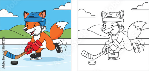 Cartoon fox playing ice hockey coloring page. Vector illustration of cute animal skater with stick and puck. Winter sport outline and color version for kids activity book.