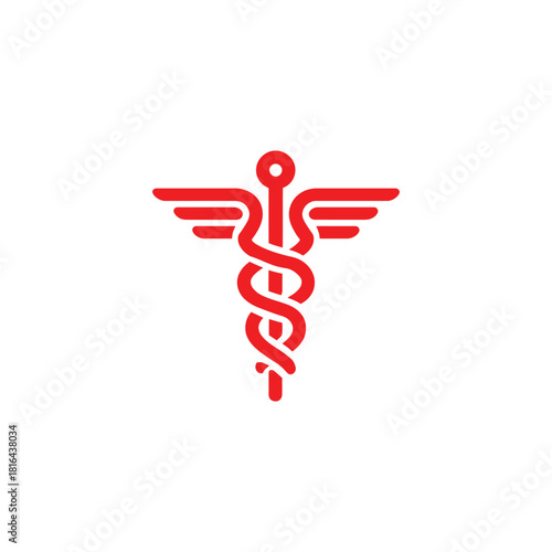 Red Caduceus Medical Symbol on White Background, Winged Staff, Clinic Sign